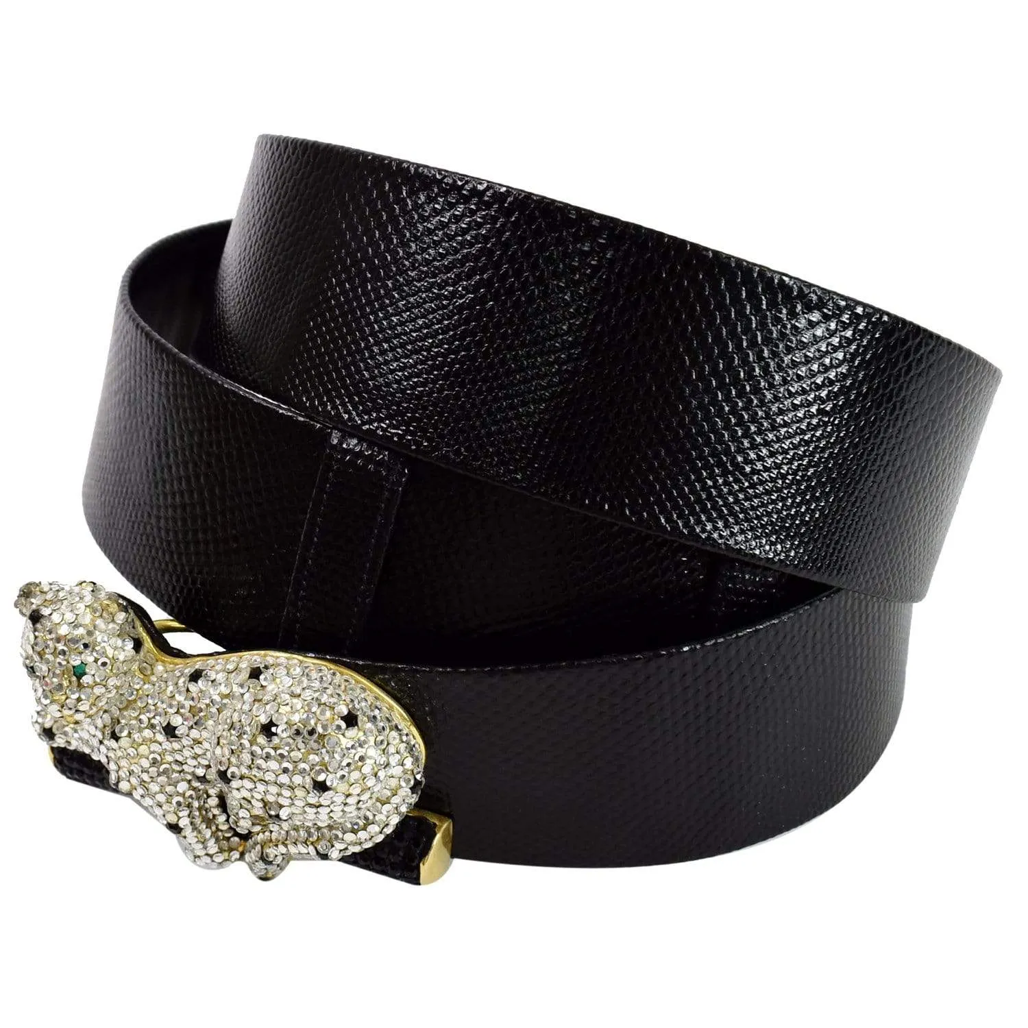 JUDITH LEIBER Crystal Encrusted Leather Panther Buckle Belt Black Size 35 - Last Call