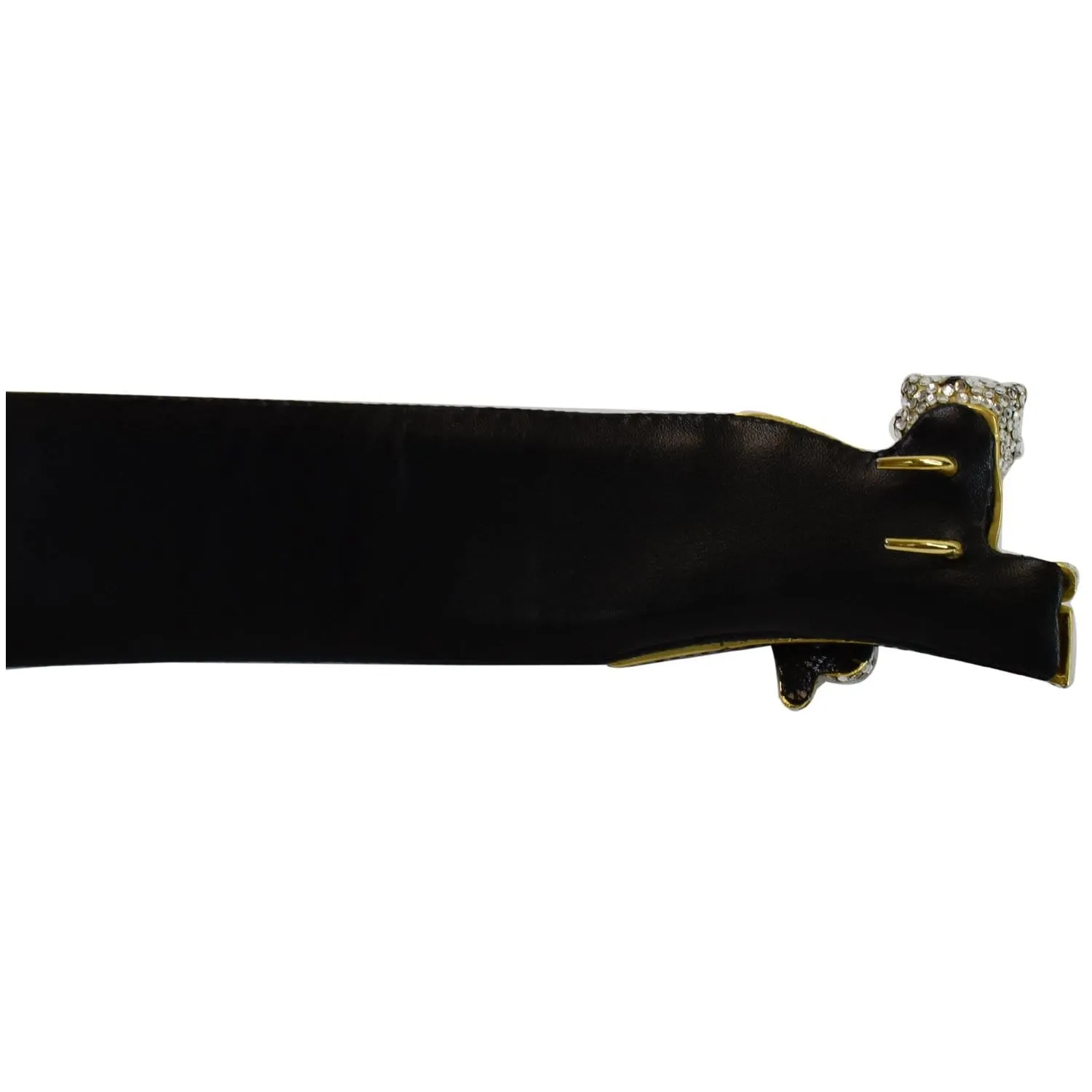 JUDITH LEIBER Crystal Encrusted Leather Panther Buckle Belt Black Size 35 - Last Call