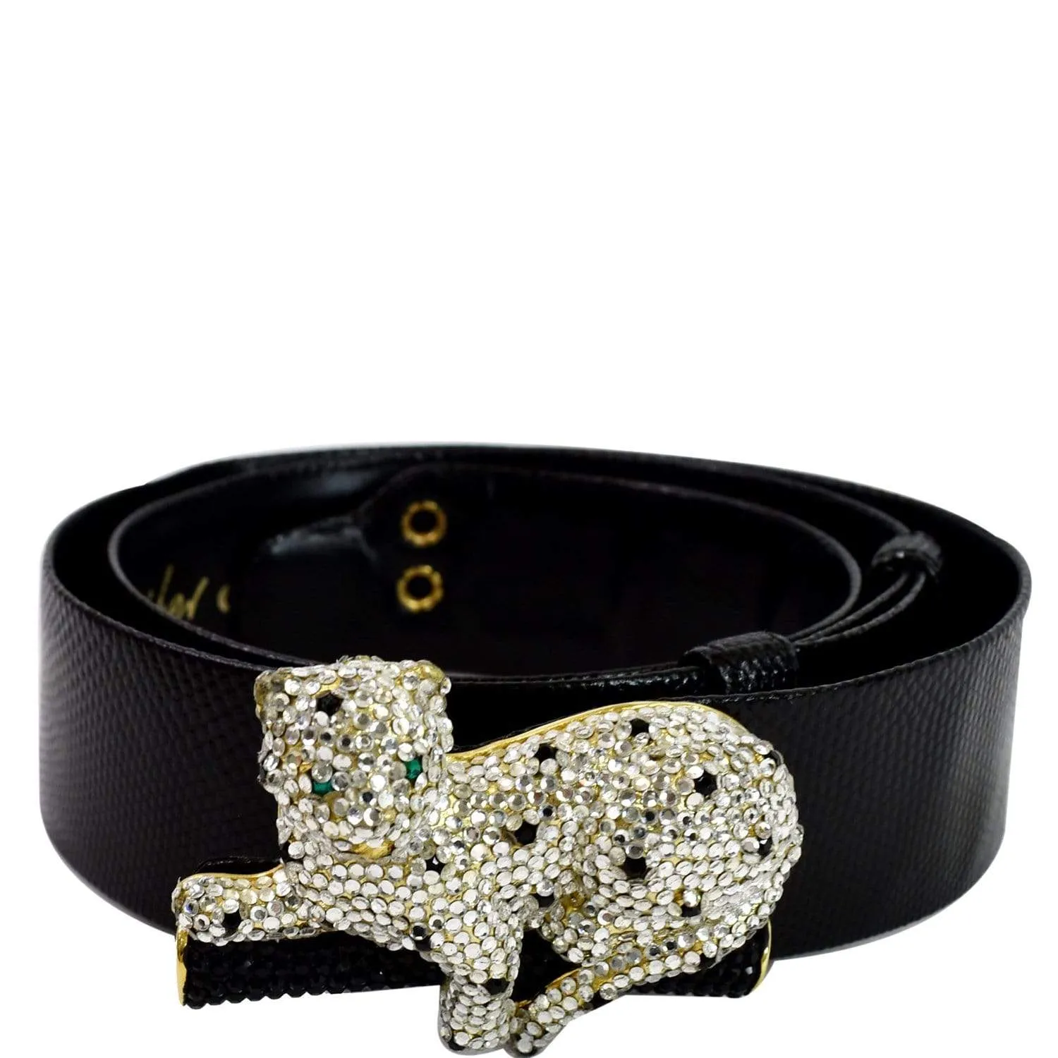 JUDITH LEIBER Crystal Encrusted Leather Panther Buckle Belt Black Size 35 - Last Call