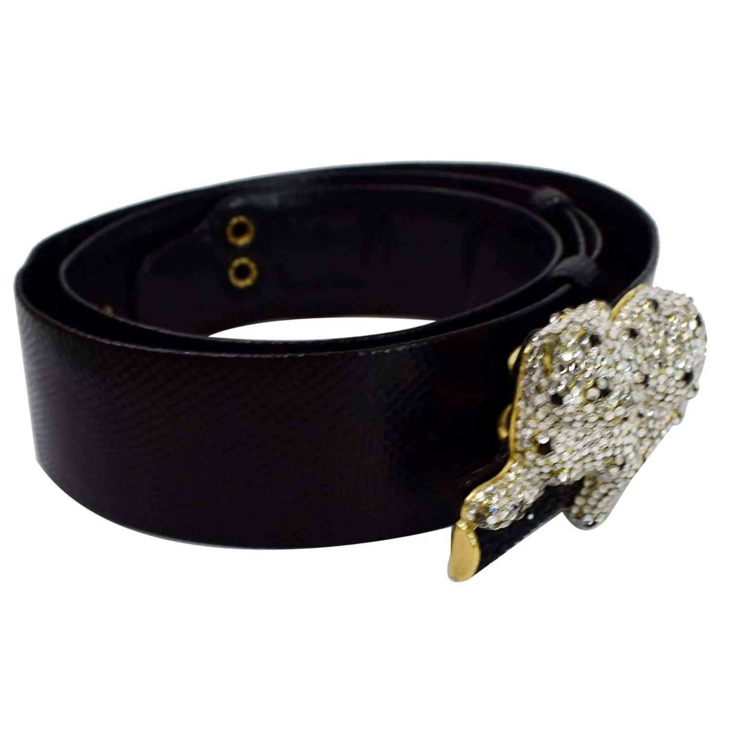 JUDITH LEIBER Crystal Encrusted Leather Panther Buckle Belt Black Size 35 - Last Call