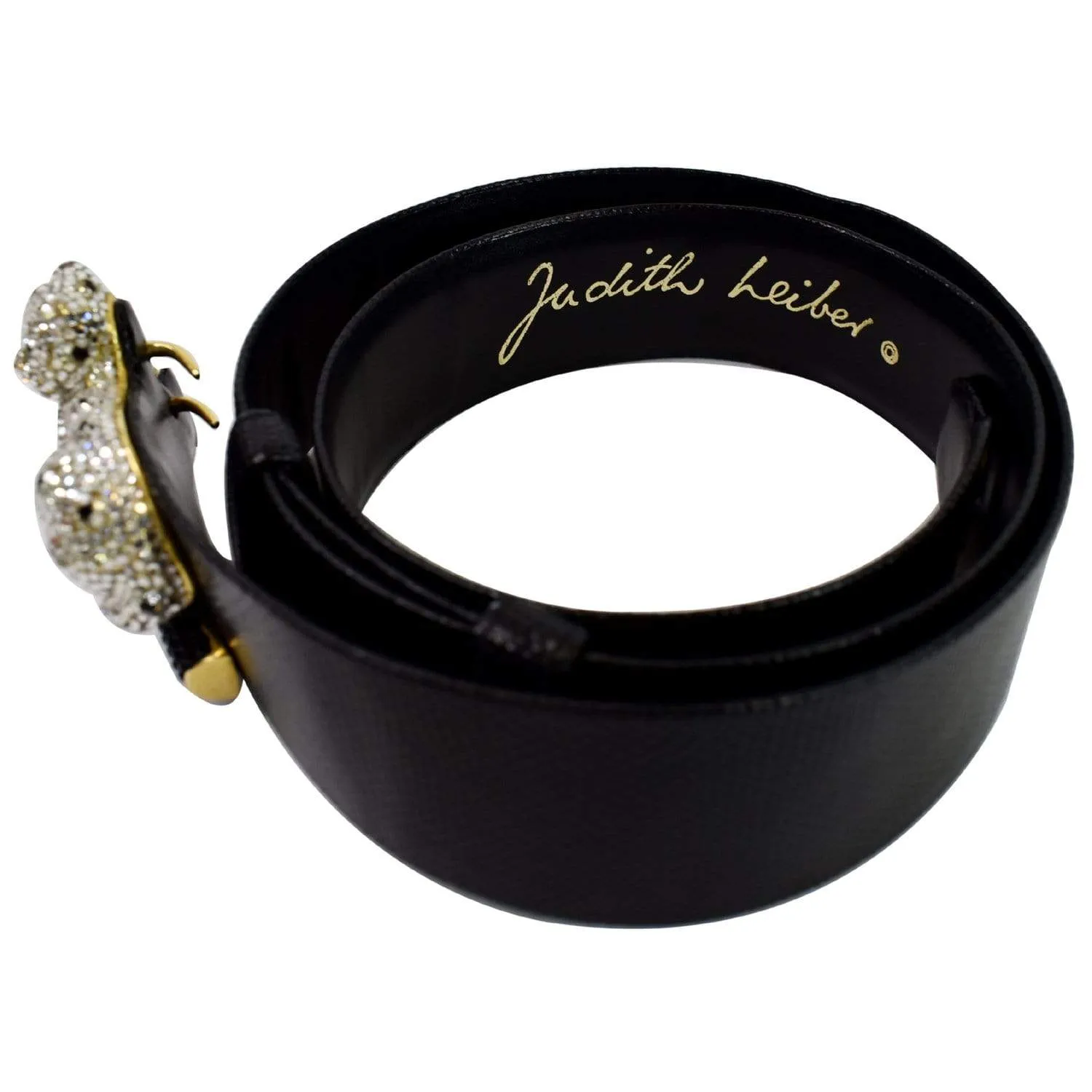 JUDITH LEIBER Crystal Encrusted Leather Panther Buckle Belt Black Size 35 - Last Call