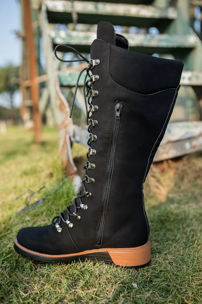 Lace-Up Knee High Snow Boots - Black