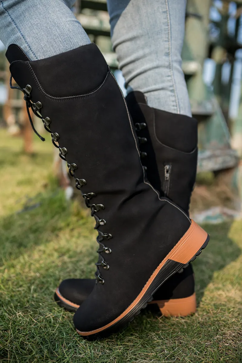 Lace-Up Knee High Snow Boots - Black