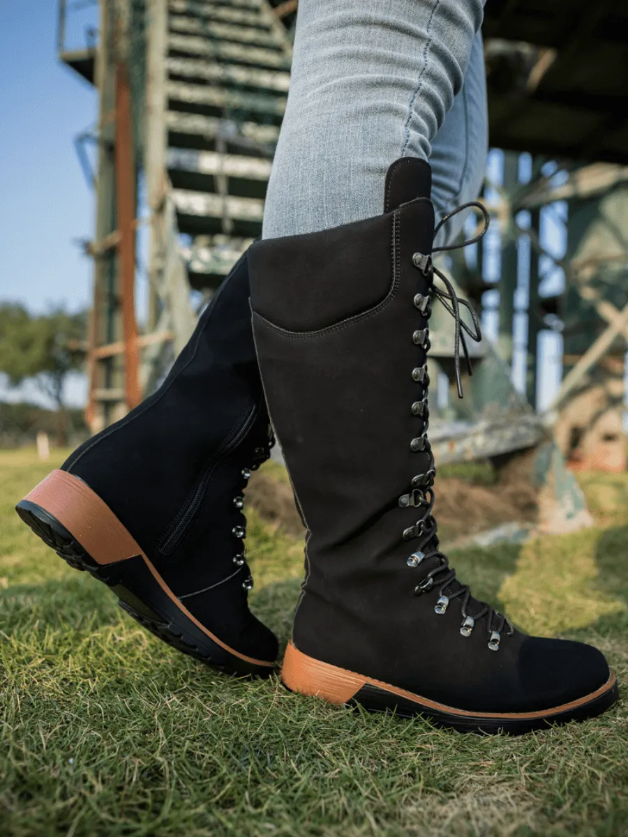 Lace-Up Knee High Snow Boots - Black