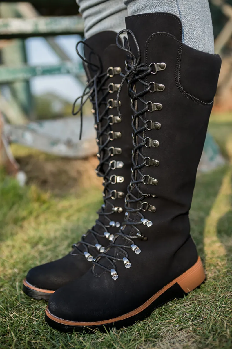 Lace-Up Knee High Snow Boots - Black