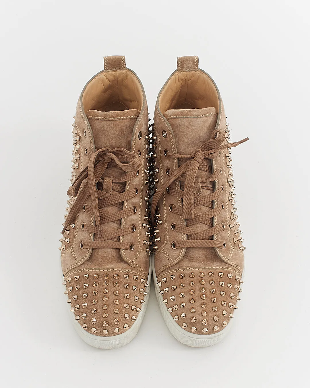 Louboutin Men's Beige/Gold Suede Lou Spike High Top Sneakers - 45