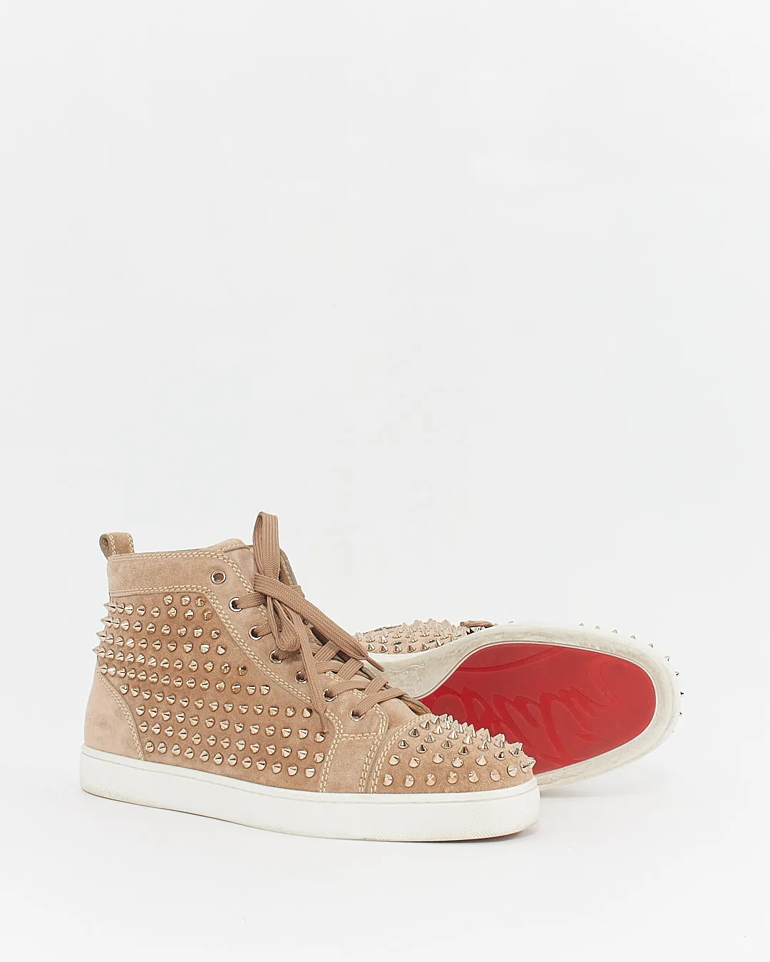 Louboutin Men's Beige/Gold Suede Lou Spike High Top Sneakers - 45