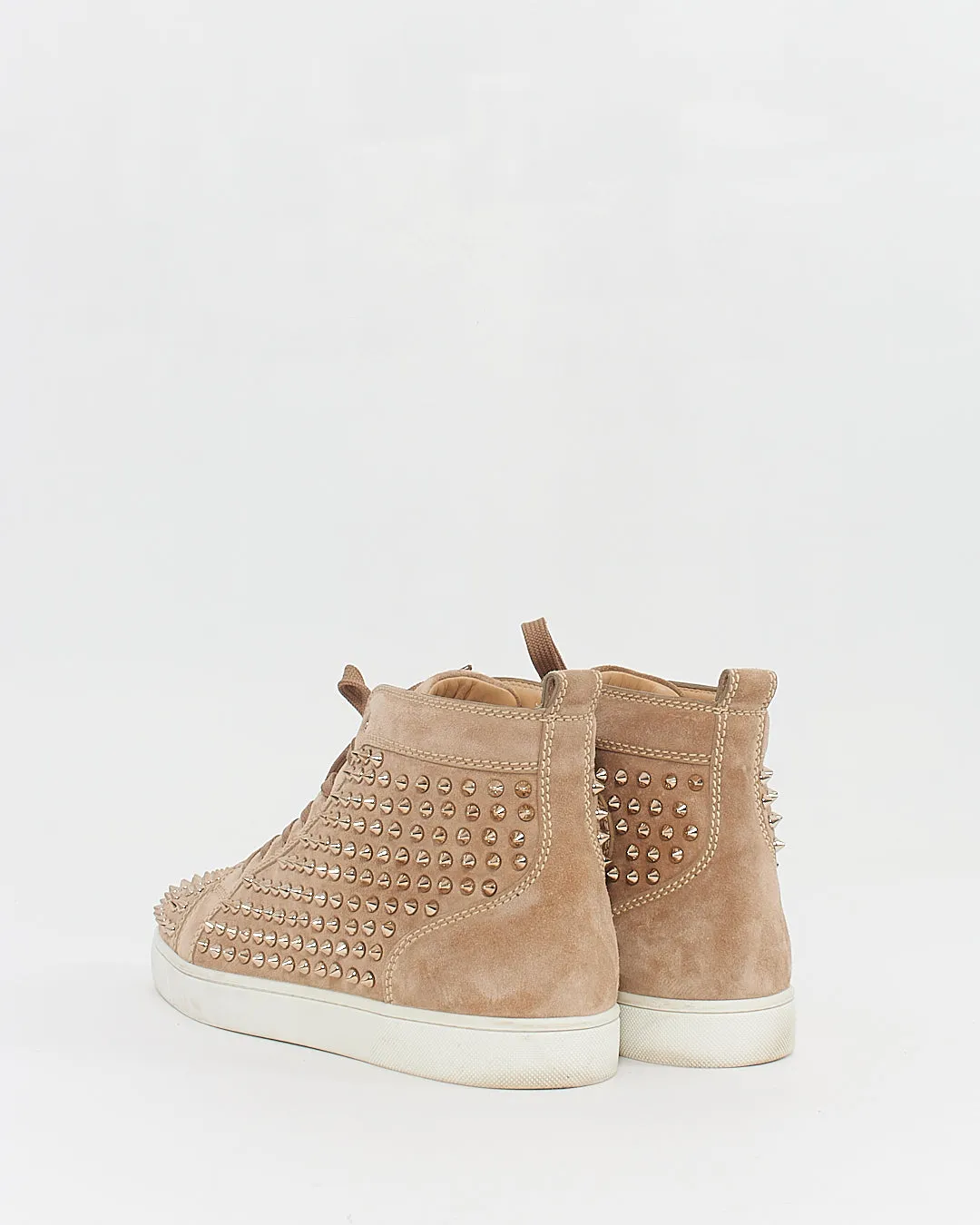 Louboutin Men's Beige/Gold Suede Lou Spike High Top Sneakers - 45
