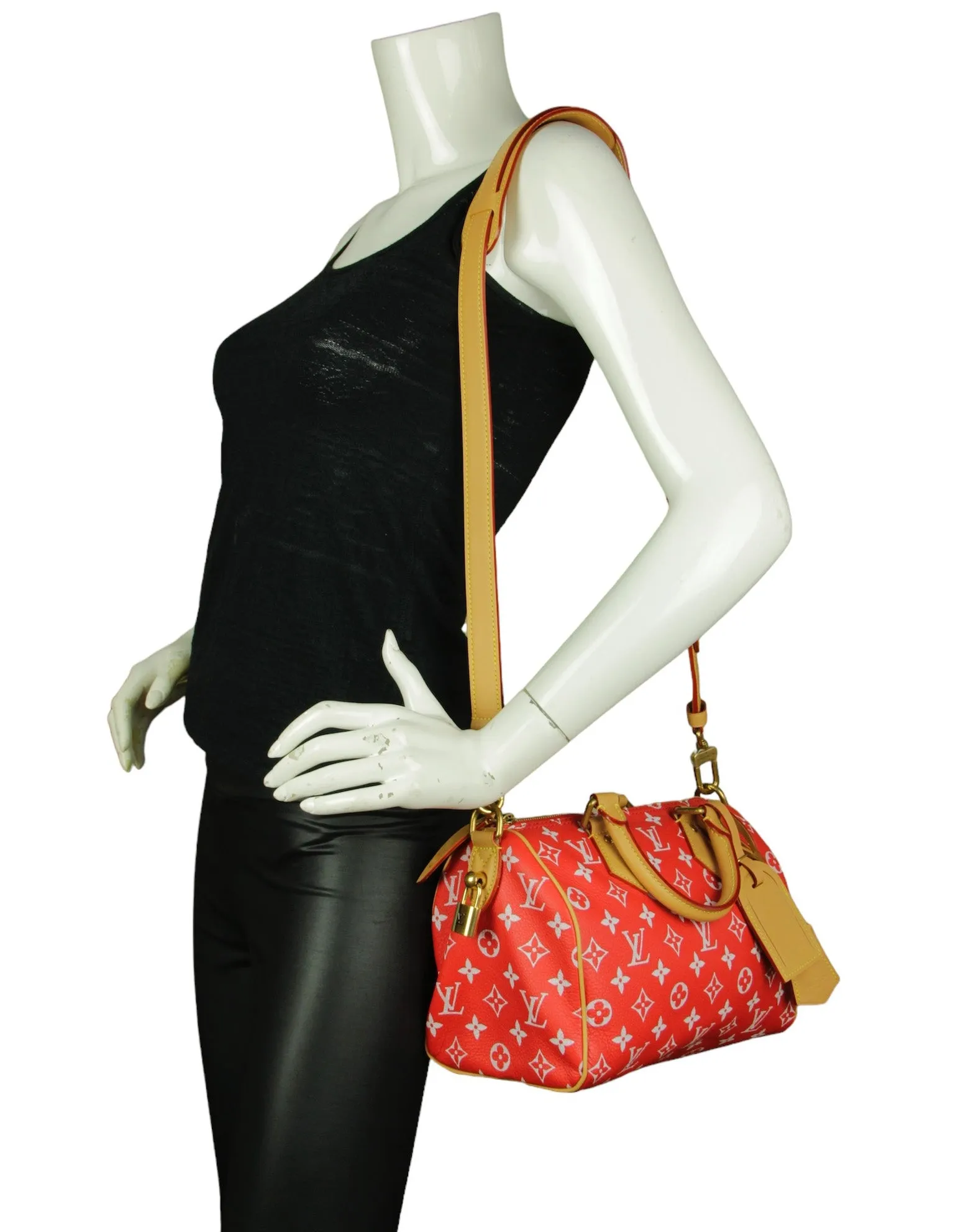 Louis Vuitton Red Soft Calfskin Monogram Speedy P9 Bandouliere 25