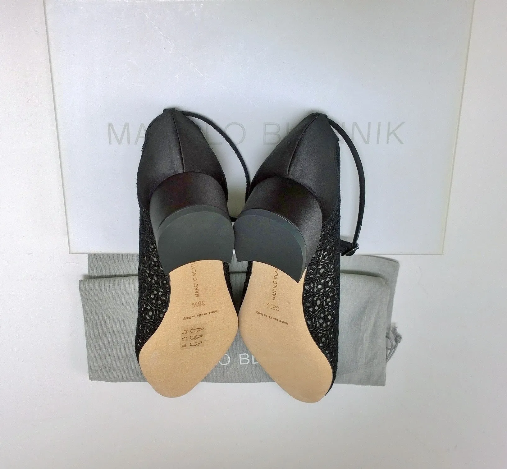 Manolo Blahnik Listana Lace and Satin Ankle Strap Block Heels