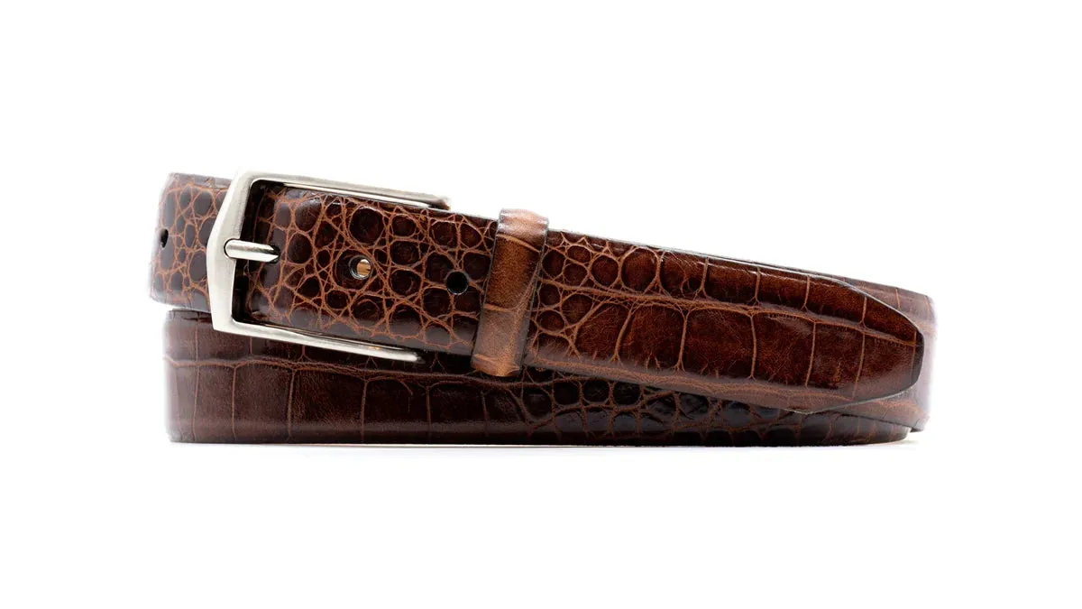 Martin Dingman - William 2 Buckle Alligator Grain Italian Calf Leather Belt - Brown