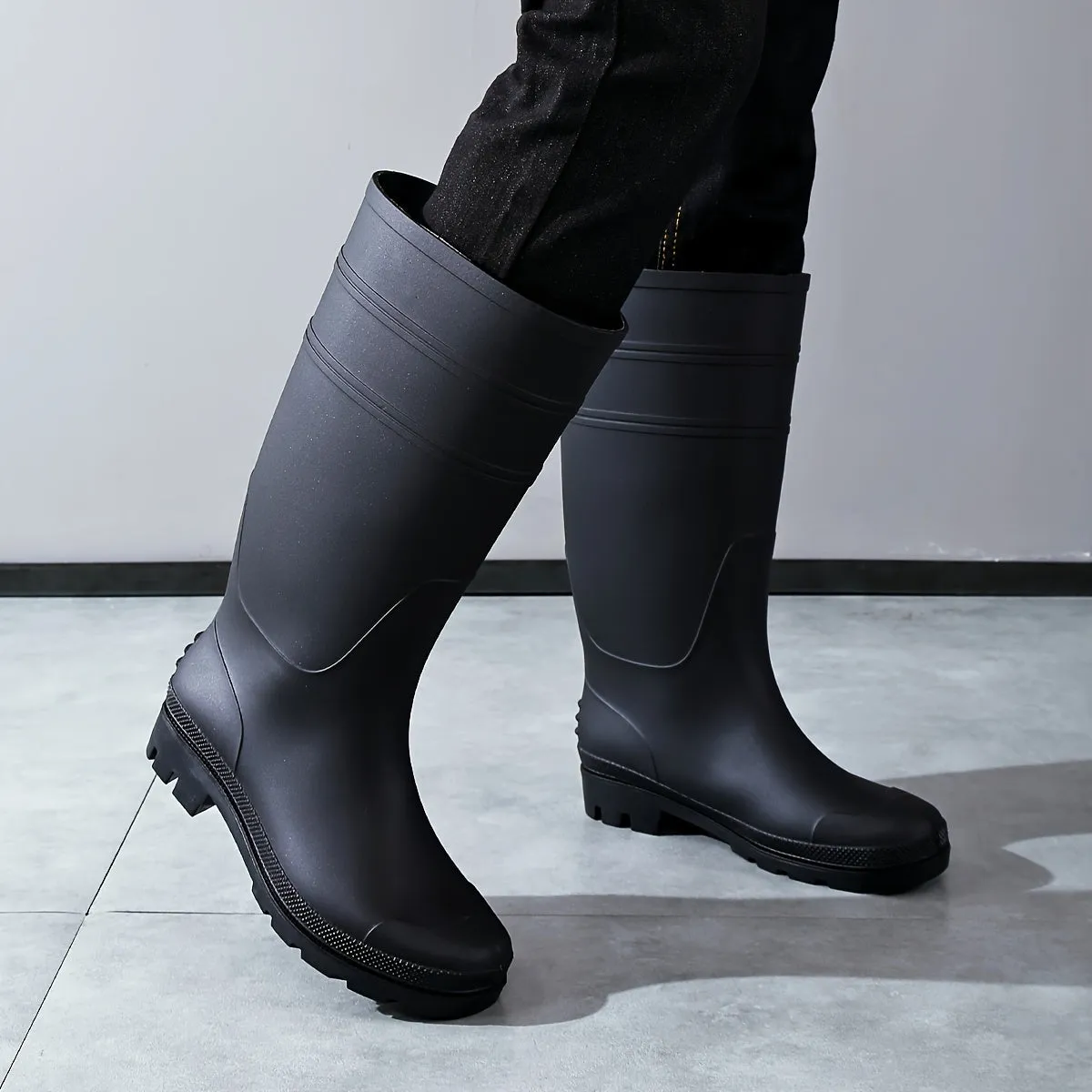 Men's Solid Color Knee High Top Waterproof Rain Boots, Comfy Non Slip Durable Shoes For Fishing, Kitchen, Rainy Day Outdoor Activities