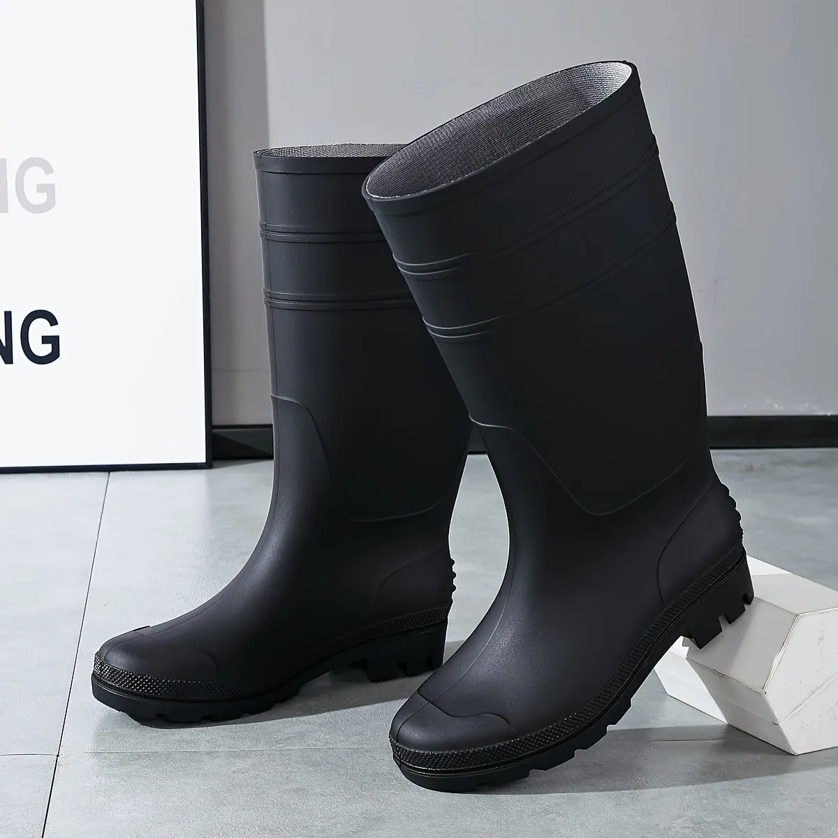 Men's Solid Color Knee High Top Waterproof Rain Boots, Comfy Non Slip Durable Shoes For Fishing, Kitchen, Rainy Day Outdoor Activities