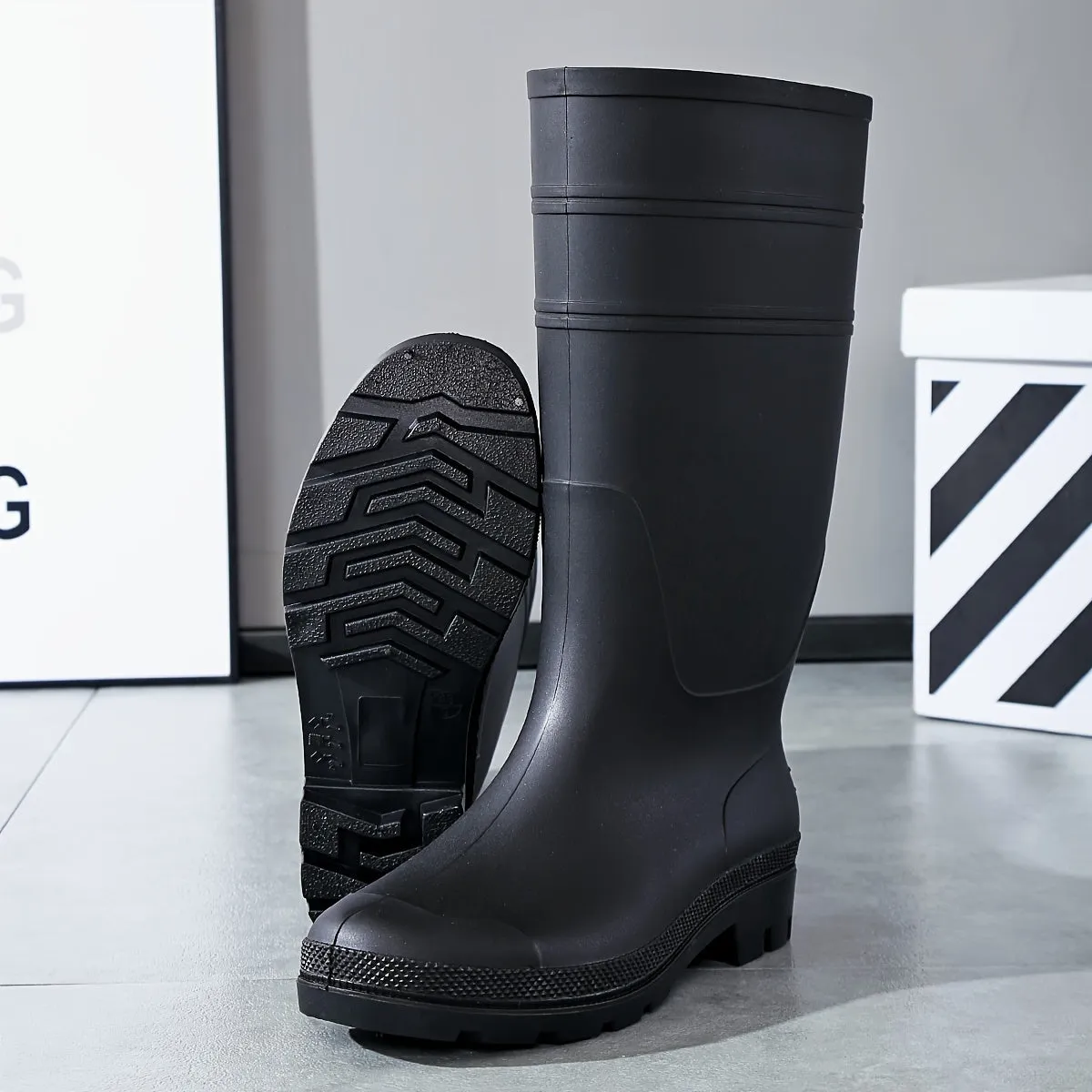 Men's Solid Color Knee High Top Waterproof Rain Boots, Comfy Non Slip Durable Shoes For Fishing, Kitchen, Rainy Day Outdoor Activities
