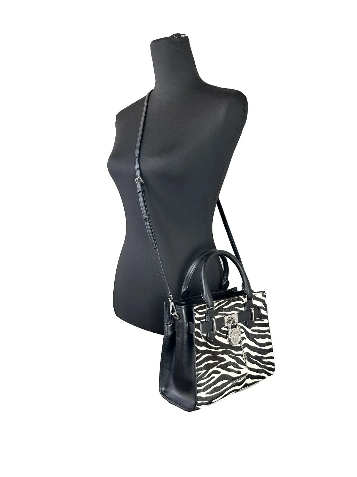 Michael Kors Hamilton Small Leather Zebra Print Satchel Crossbody Black/White