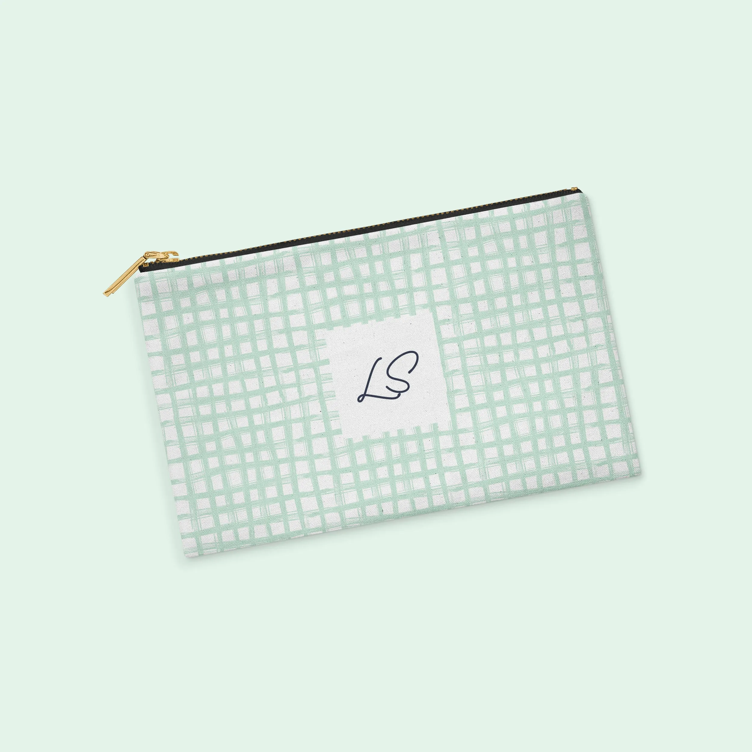 Mint Brushstroke Plaid Personalized Zipper Pouch