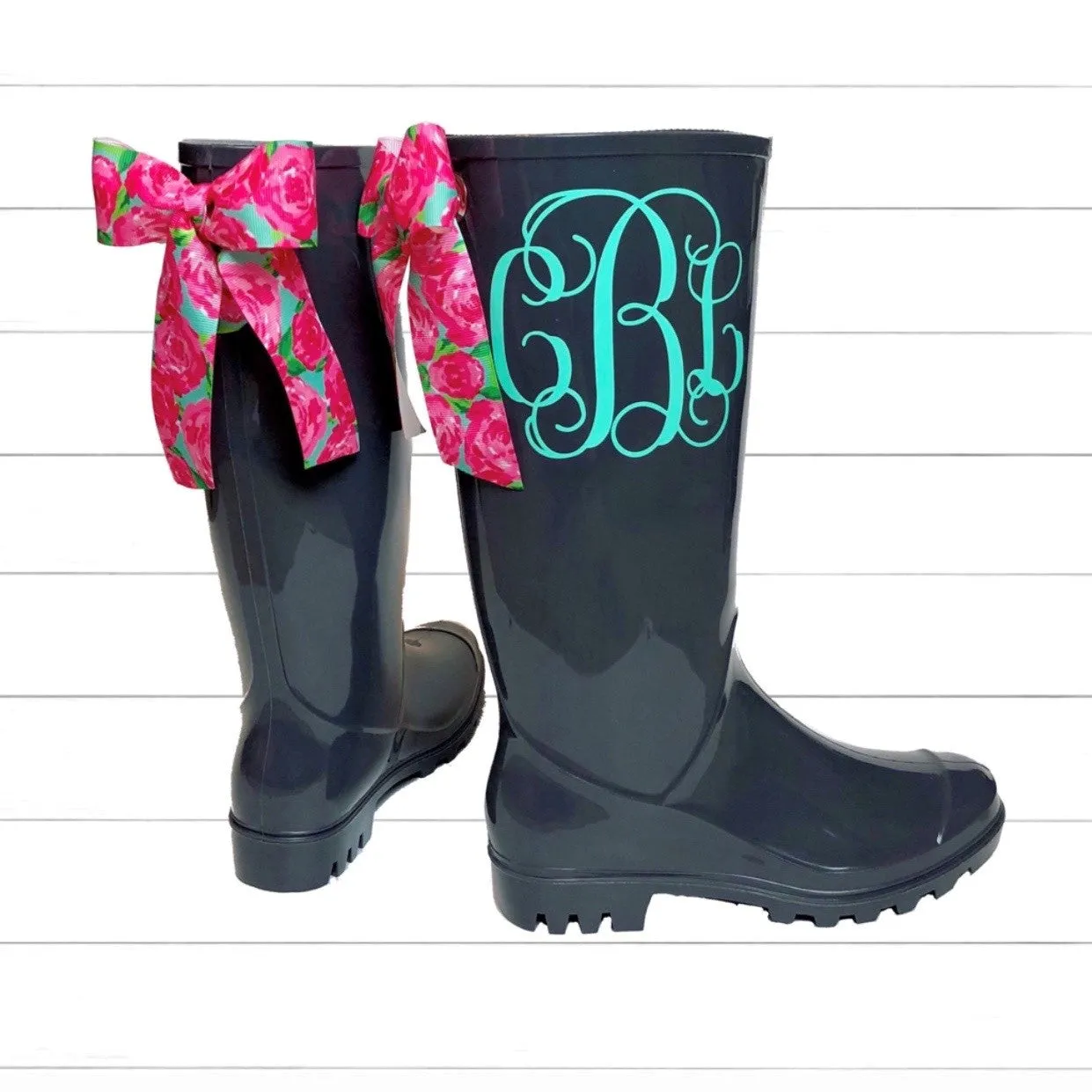 Monogrammed Gray Rain boots with bow