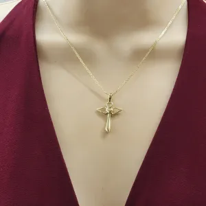 Necklaces - 14K Gold Plated. Cross with Wings Heart Angel Pendant & Chain.