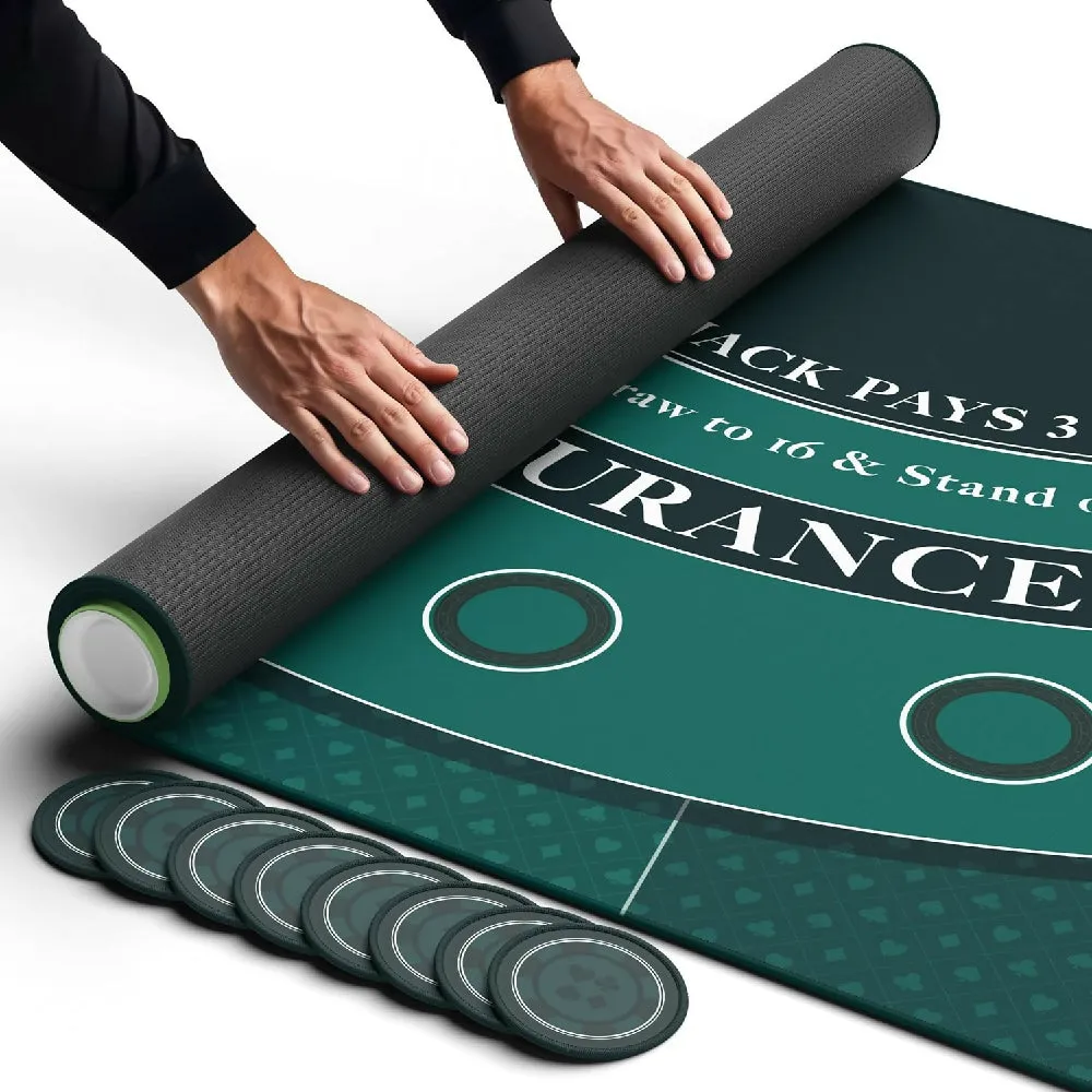Newverest Blackjack Mat 70" x 35", Blackjack Table Top in Zipper Storage Bag with 8 Coasters in Gift-Ready Box for Home Game Nights with Friends (Green)