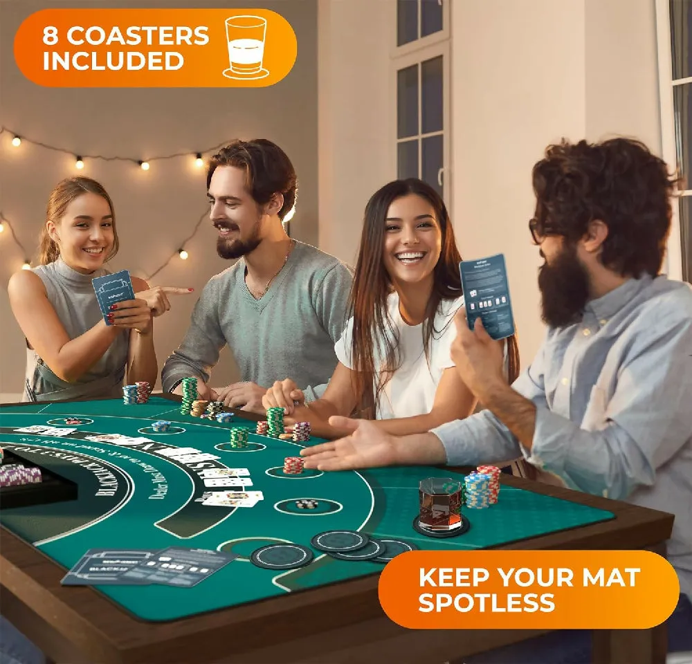 Newverest Blackjack Mat 70" x 35", Blackjack Table Top in Zipper Storage Bag with 8 Coasters in Gift-Ready Box for Home Game Nights with Friends (Green)