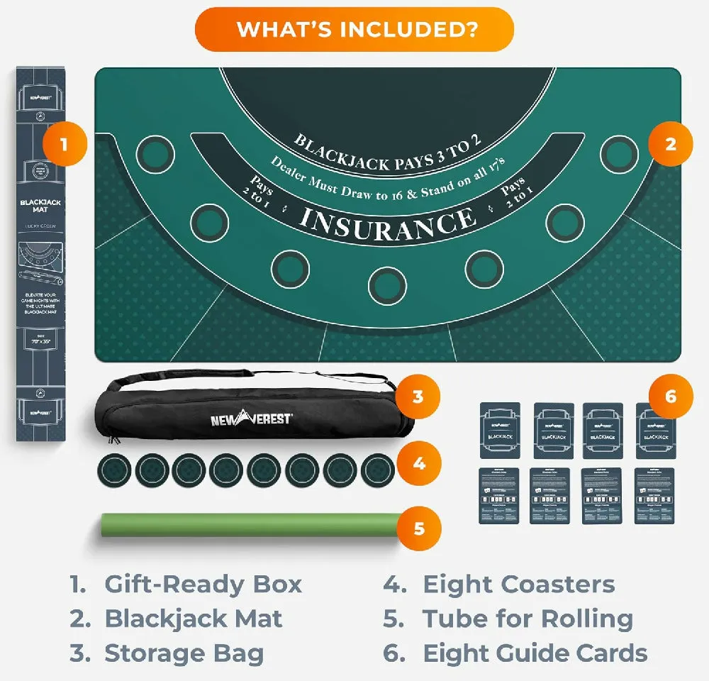 Newverest Blackjack Mat 70" x 35", Blackjack Table Top in Zipper Storage Bag with 8 Coasters in Gift-Ready Box for Home Game Nights with Friends (Green)