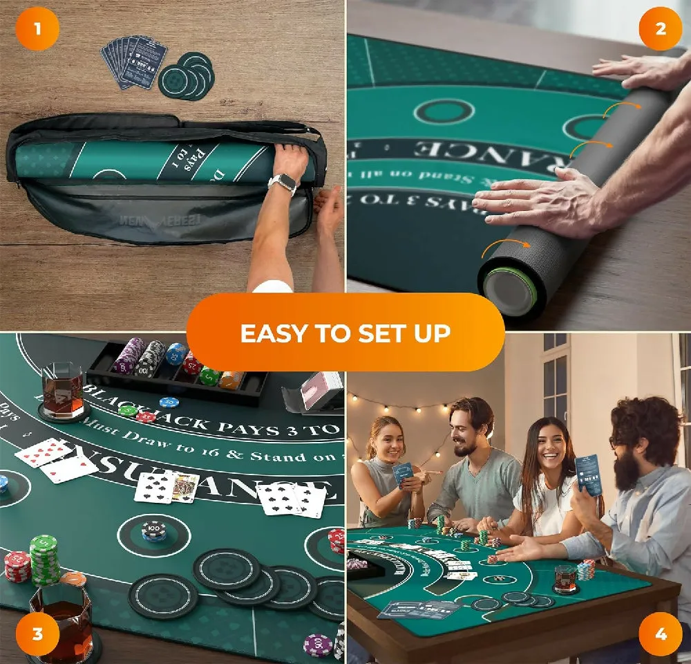 Newverest Blackjack Mat 70" x 35", Blackjack Table Top in Zipper Storage Bag with 8 Coasters in Gift-Ready Box for Home Game Nights with Friends (Green)