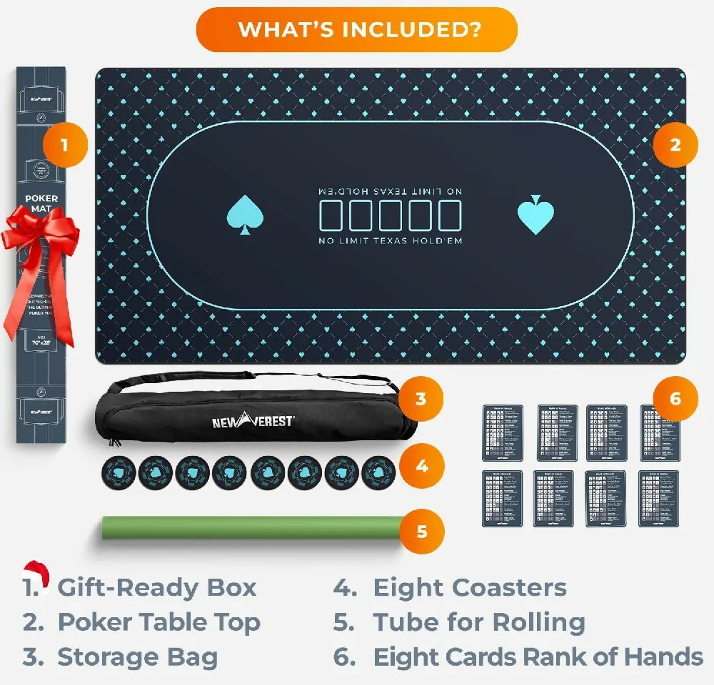 Newverest Poker Table Top 70" x 35", Texas Hold'em Poker Mat in Zipper Storage Bag with 8 Coasters in Gift-Ready Box for Home Game Nights Up to 10 Players