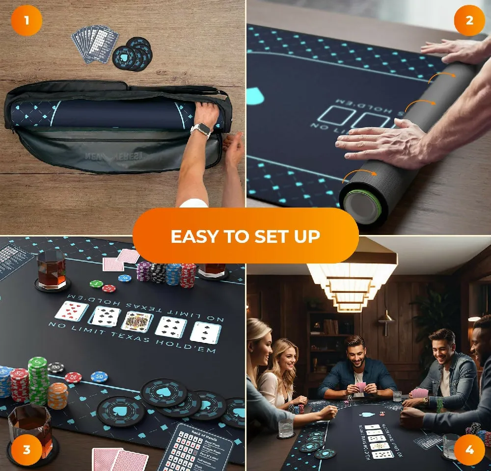 Newverest Poker Table Top 70" x 35", Texas Hold'em Poker Mat in Zipper Storage Bag with 8 Coasters in Gift-Ready Box for Home Game Nights Up to 10 Players