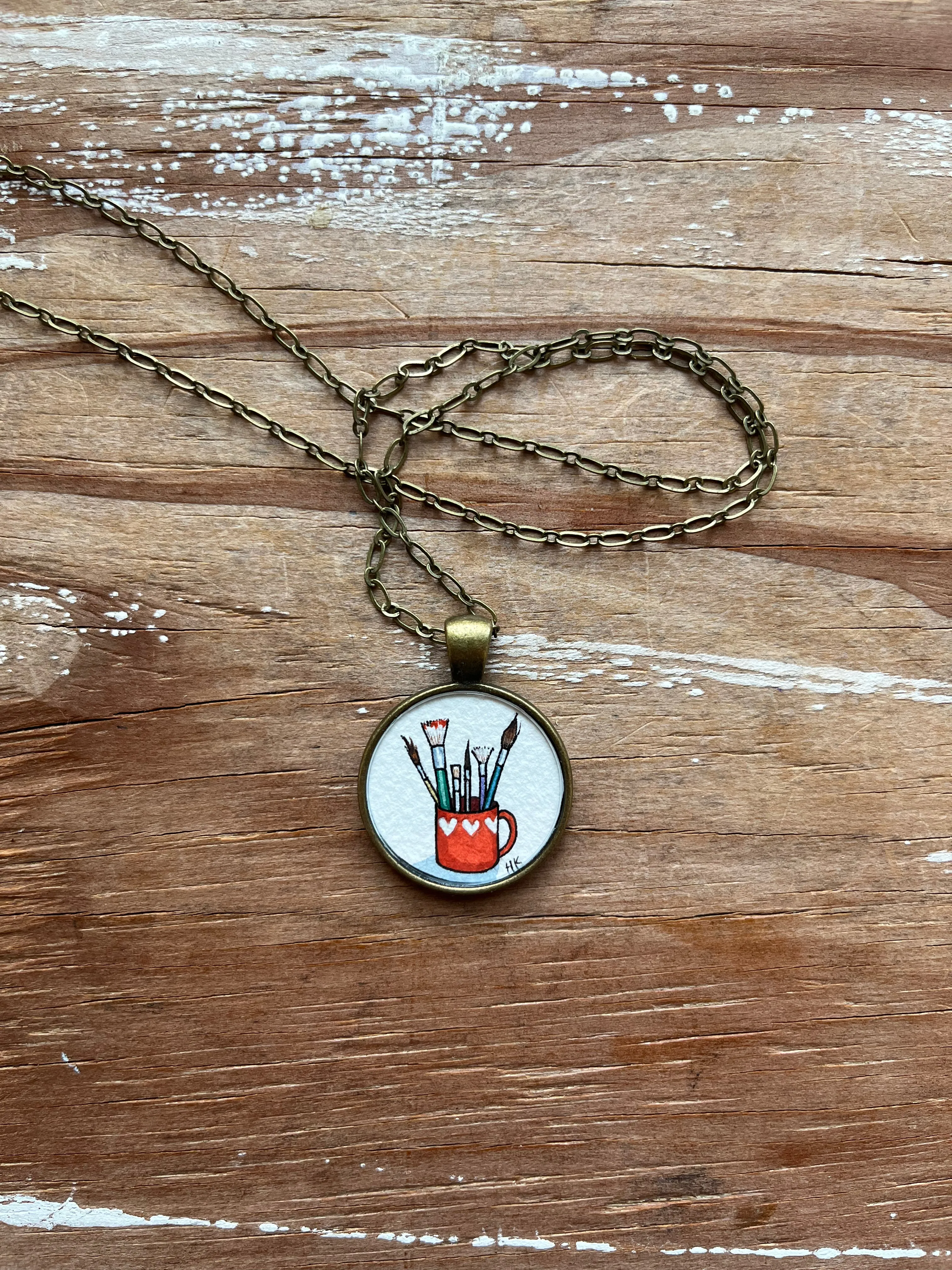 Paint Brushes in Coffee Mug, Watercolor Hand Painted Necklace, Original Art Pendant
