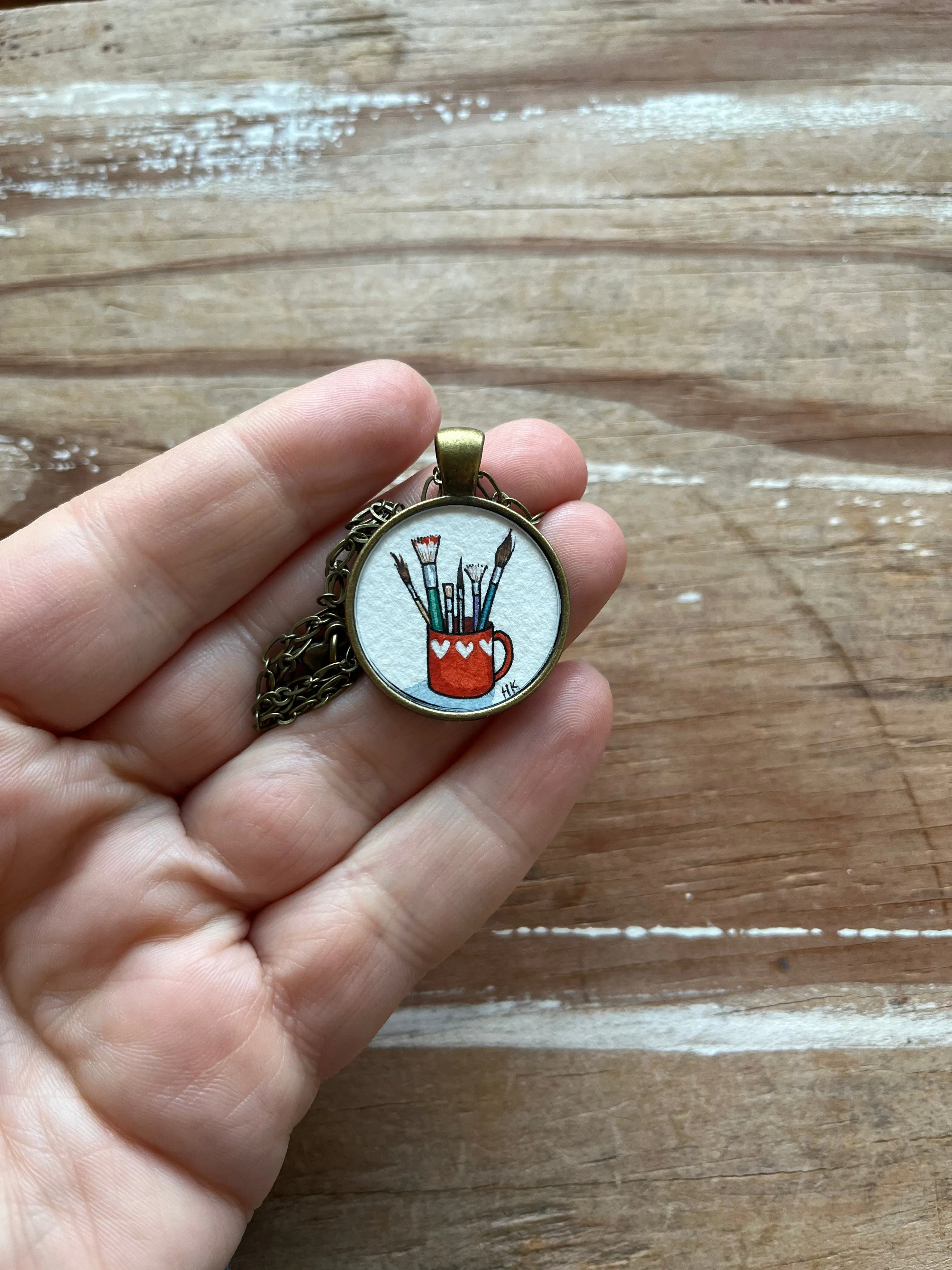 Paint Brushes in Coffee Mug, Watercolor Hand Painted Necklace, Original Art Pendant