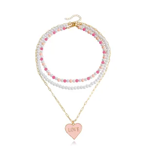 Pink Enamel & Quartz Pearl Heart Pendant Necklace Set