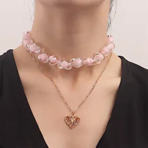 Pink Resin & 18K Gold-Plated Heart Chain Pendant Necklace Set