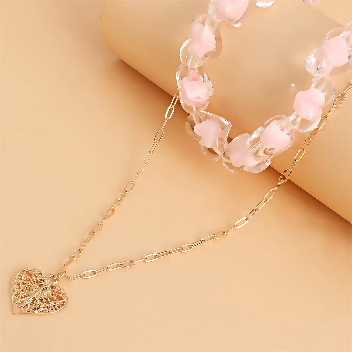 Pink Resin & 18K Gold-Plated Heart Chain Pendant Necklace Set