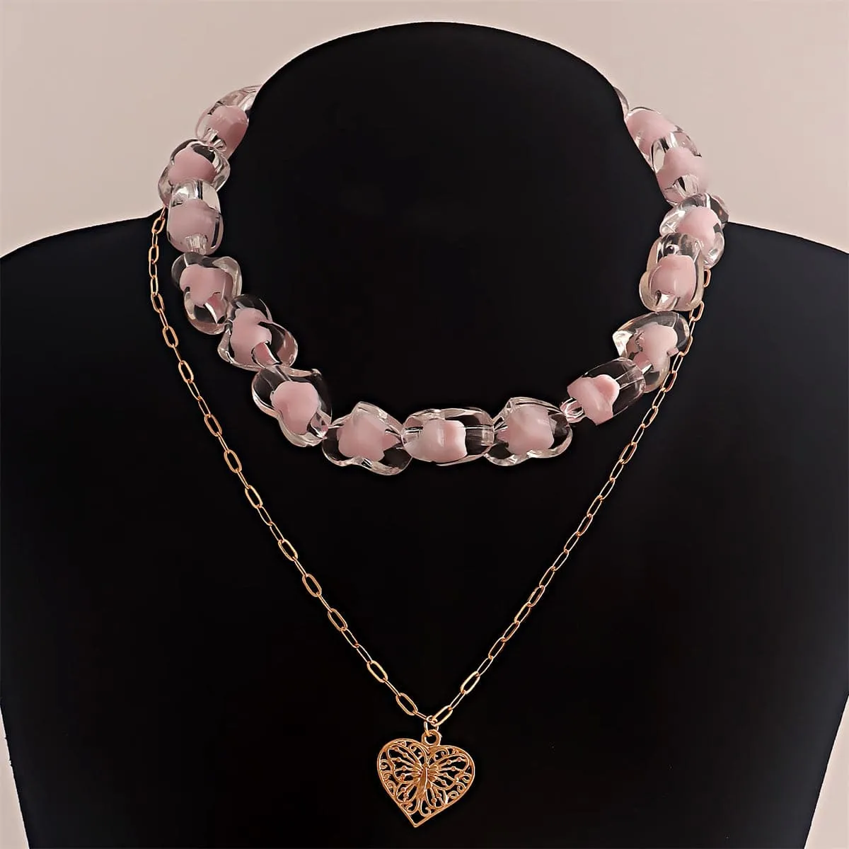 Pink Resin & 18K Gold-Plated Heart Chain Pendant Necklace Set