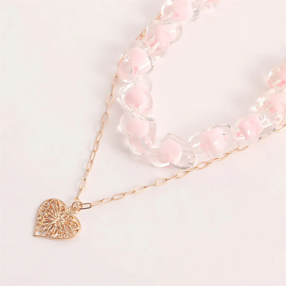 Pink Resin & 18K Gold-Plated Heart Chain Pendant Necklace Set