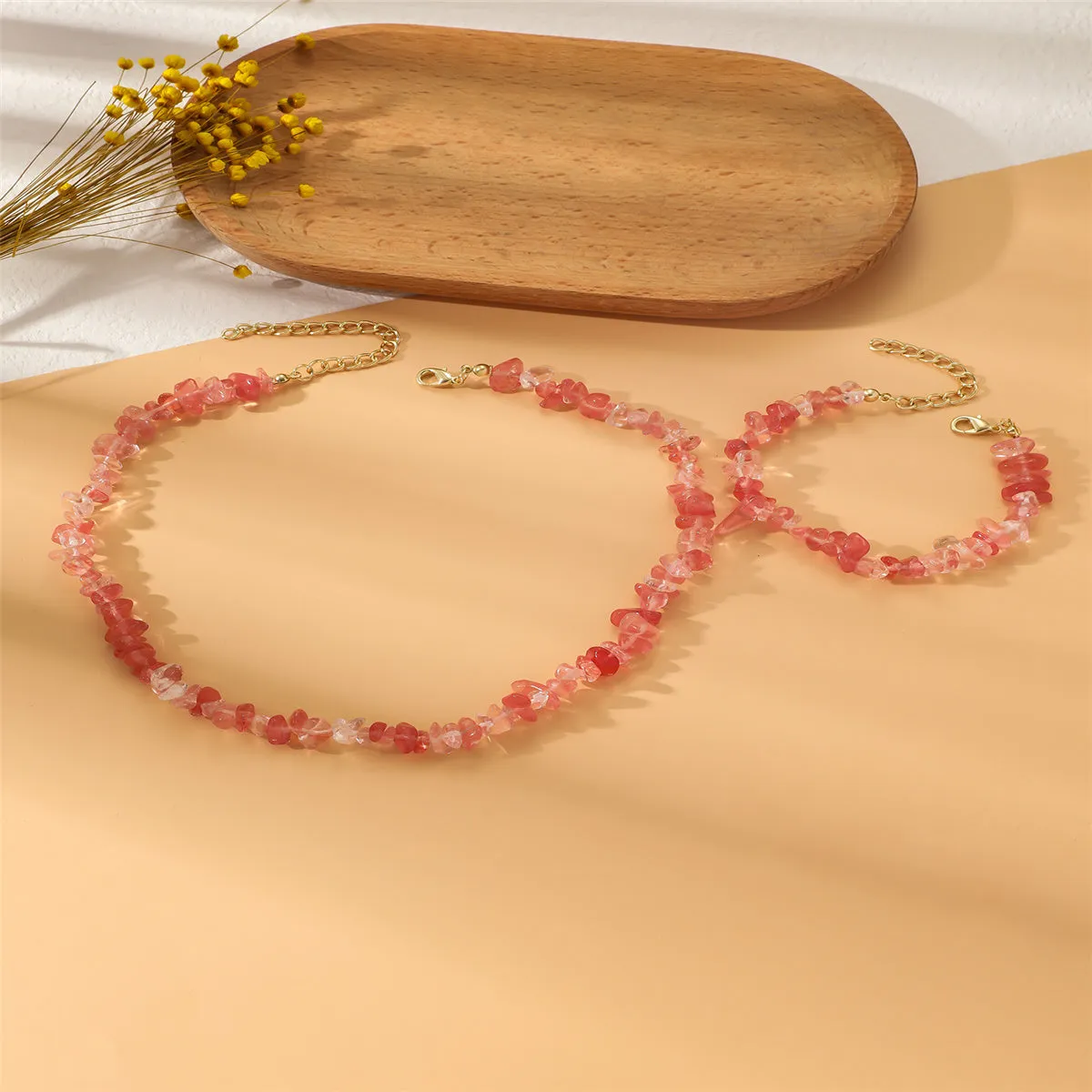 Pink Resin & 18K Gold-Plated Irregular Stone Bracelet Necklace Set