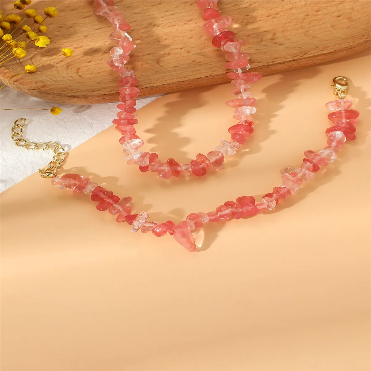 Pink Resin & 18K Gold-Plated Irregular Stone Bracelet Necklace Set
