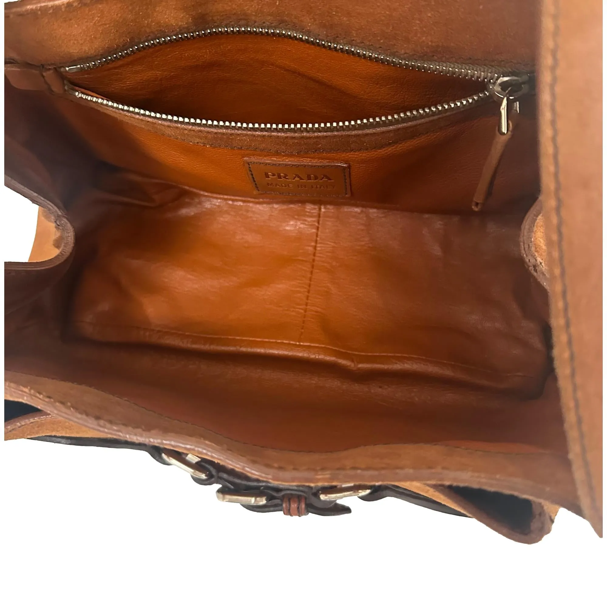 Prada Brown Suede   Leather Buckle Shoulder Bag