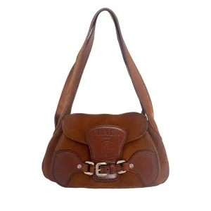 Prada Brown Suede   Leather Buckle Shoulder Bag