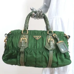Prada Tessuto Gaufre Braided Handle Satchel Green Nylon Medium Crossbody Bag