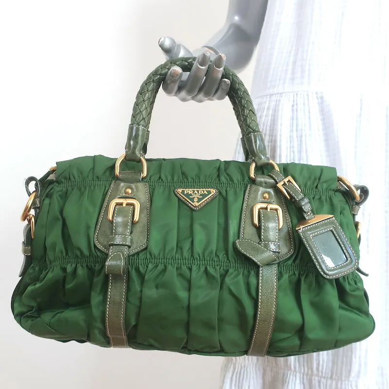 Prada Tessuto Gaufre Braided Handle Satchel Green Nylon Medium Crossbody Bag