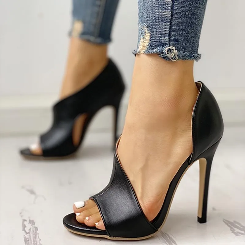 PU Cutout Peep Toe Thin Heeled Sandals