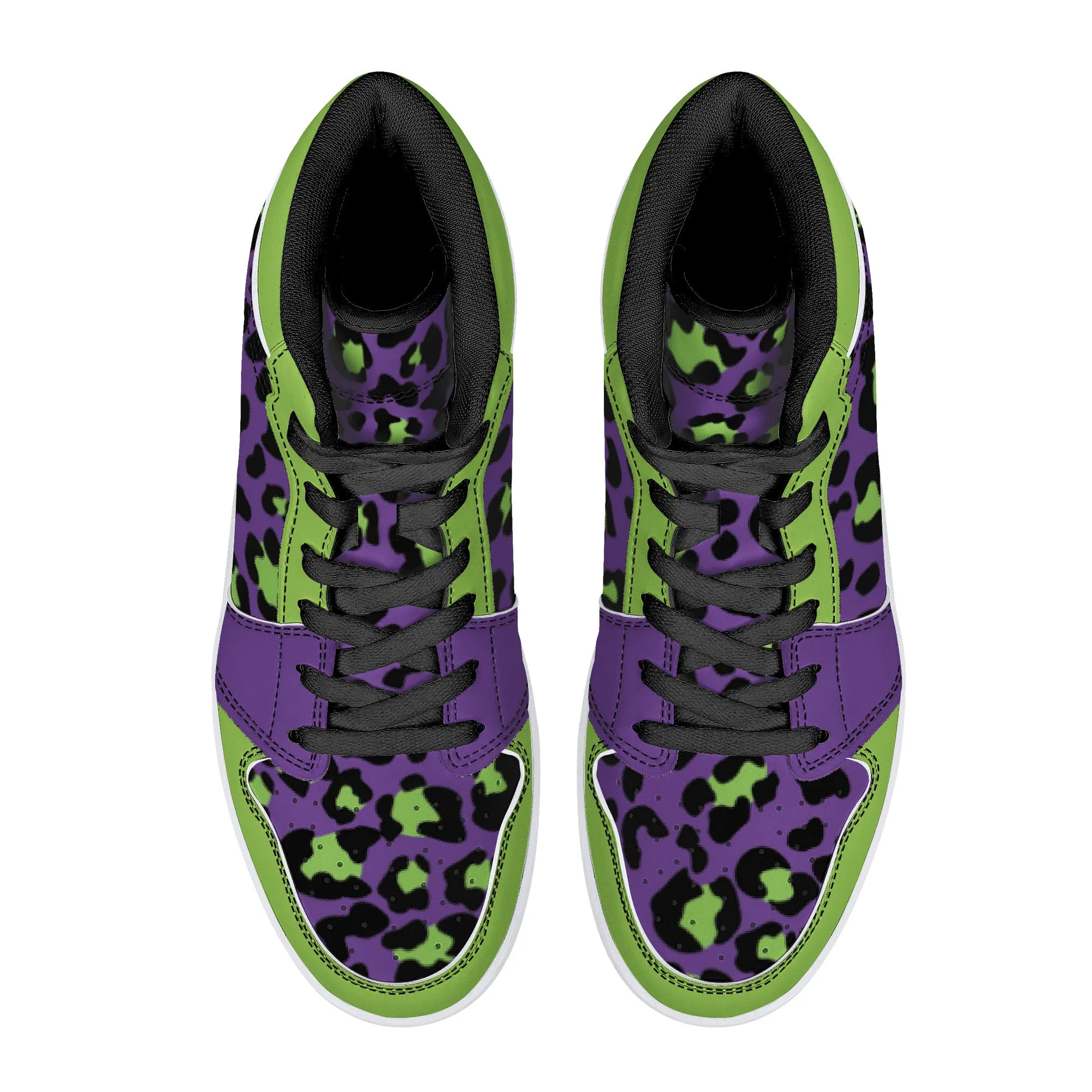 Purple-Neon Green High-Top Faux Leather Sneakers /Unisex /- Black