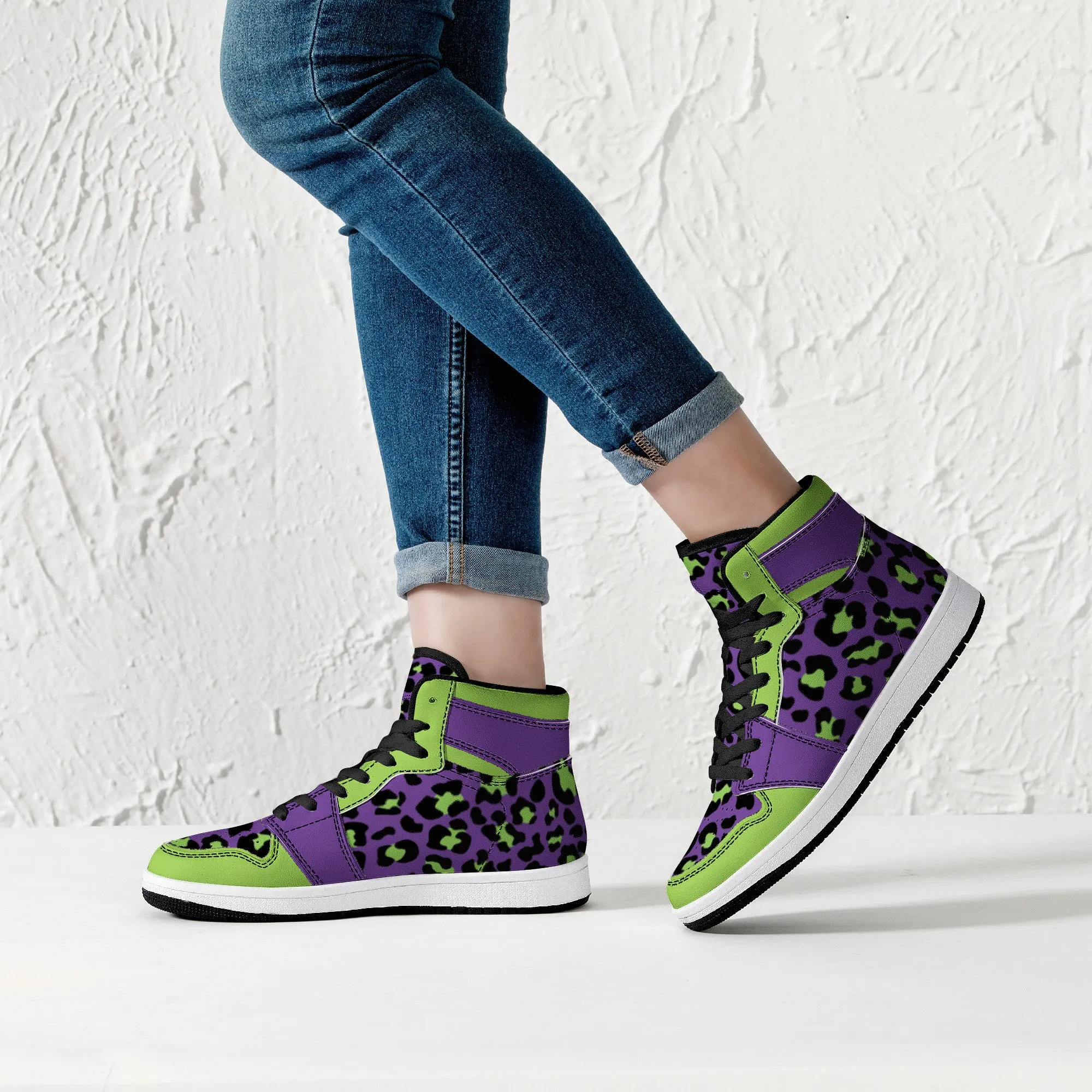 Purple-Neon Green High-Top Faux Leather Sneakers /Unisex /- Black