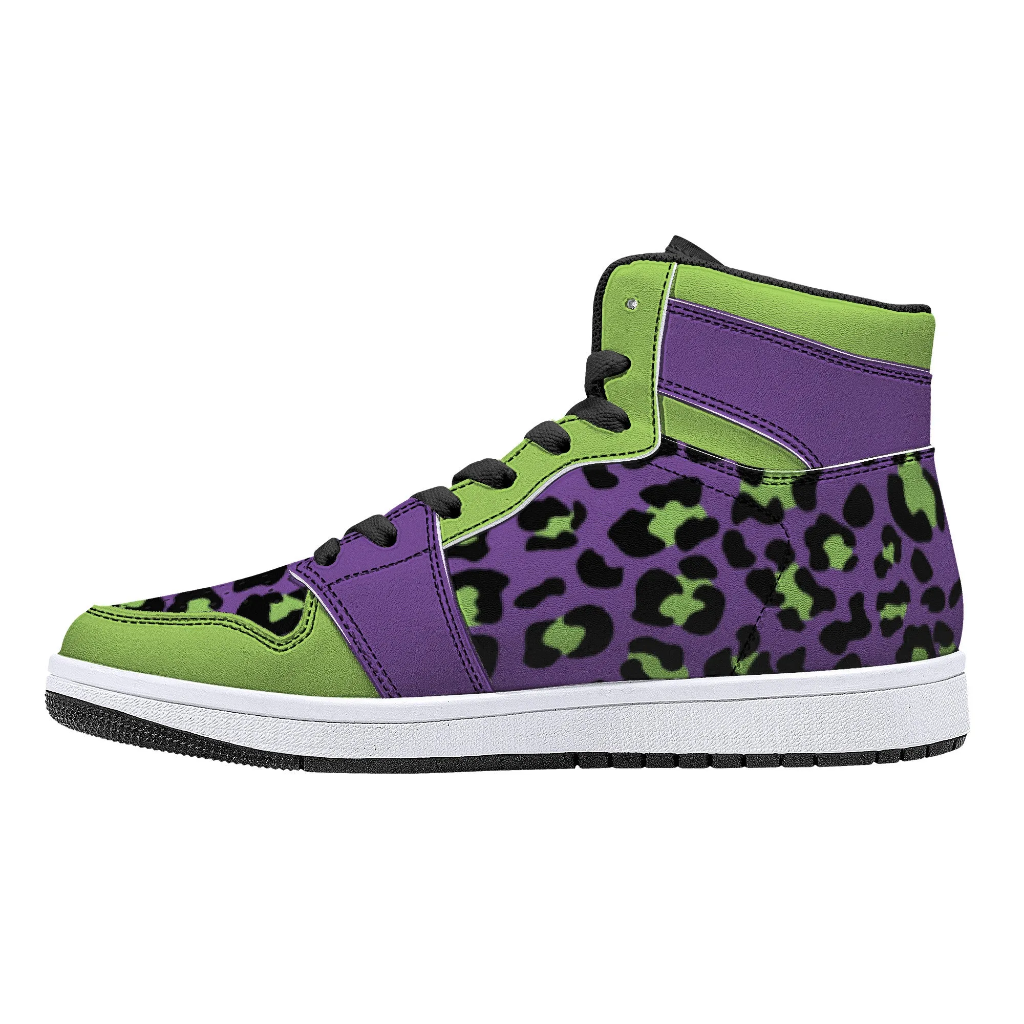 Purple-Neon Green High-Top Faux Leather Sneakers /Unisex /- Black