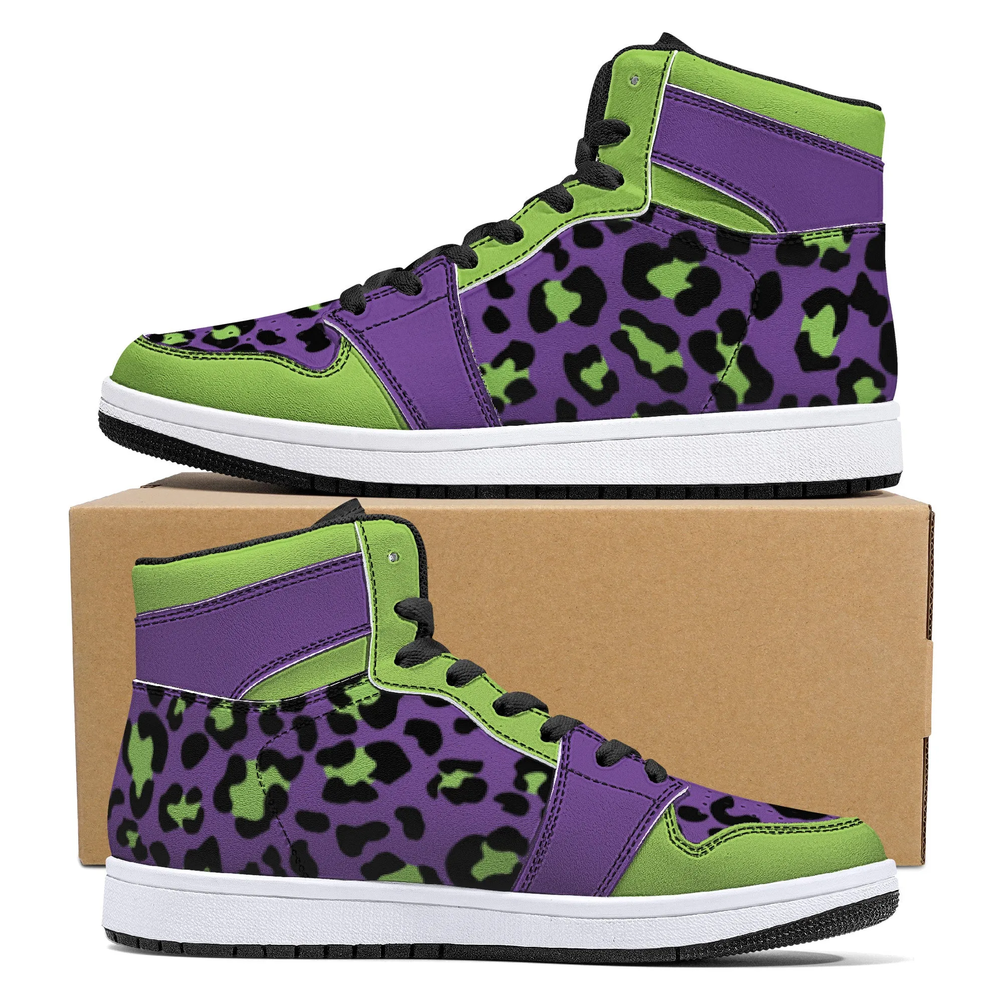 Purple-Neon Green High-Top Faux Leather Sneakers /Unisex /- Black