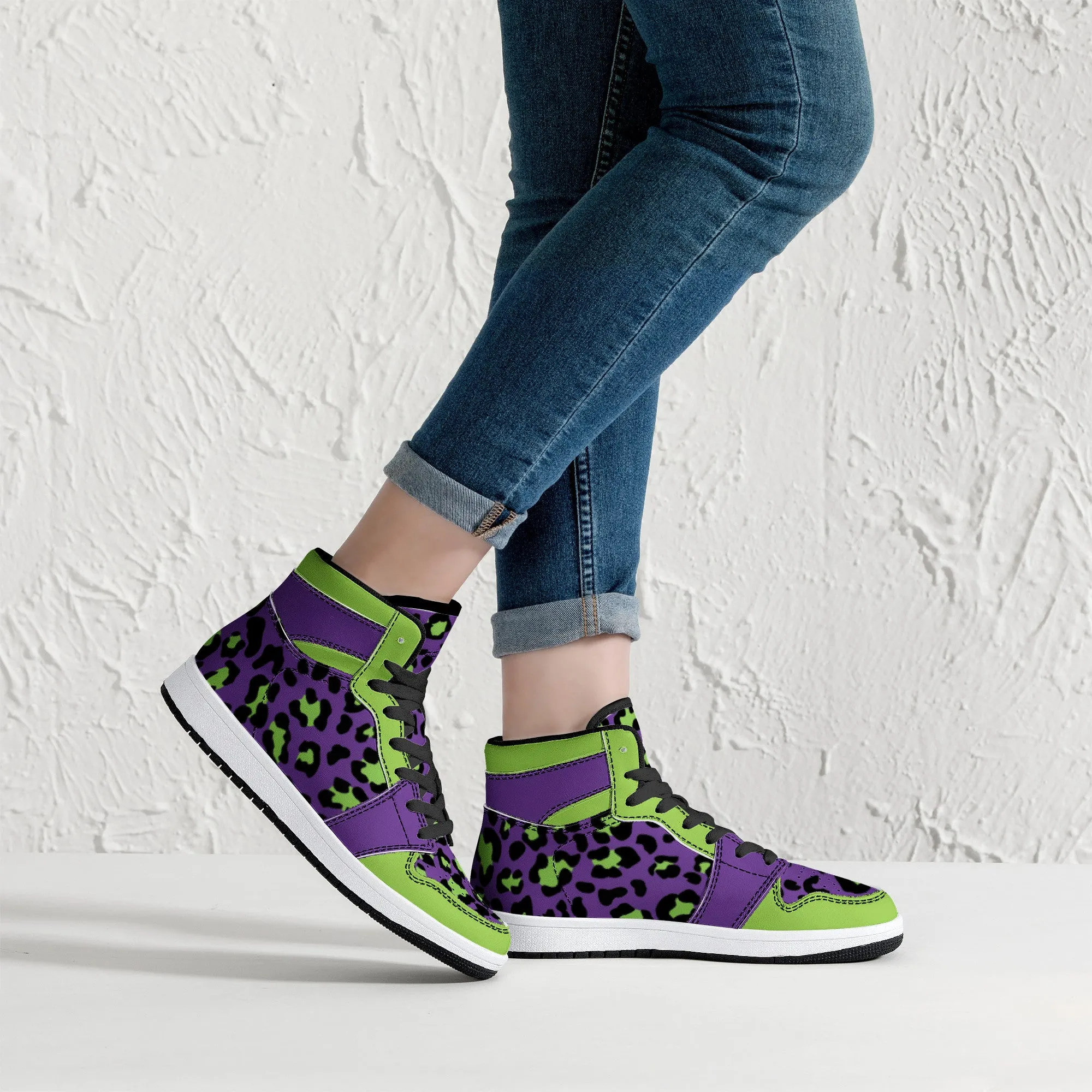 Purple-Neon Green High-Top Faux Leather Sneakers /Unisex /- Black