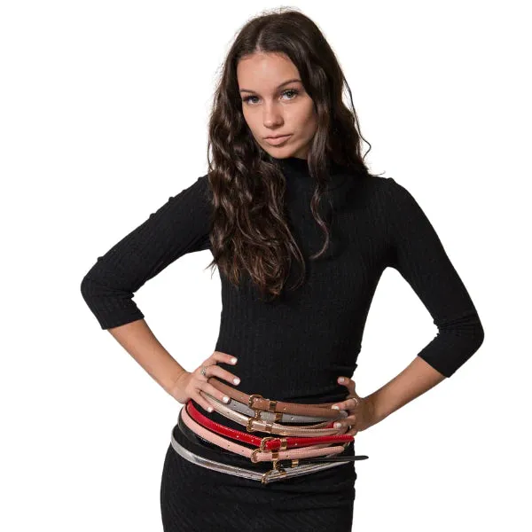 Queens Park |  Tan Brown Patent Leather Skinny Belt with Gold Buckle