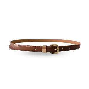 Queens Park |  Tan Brown Patent Leather Skinny Belt with Gold Buckle