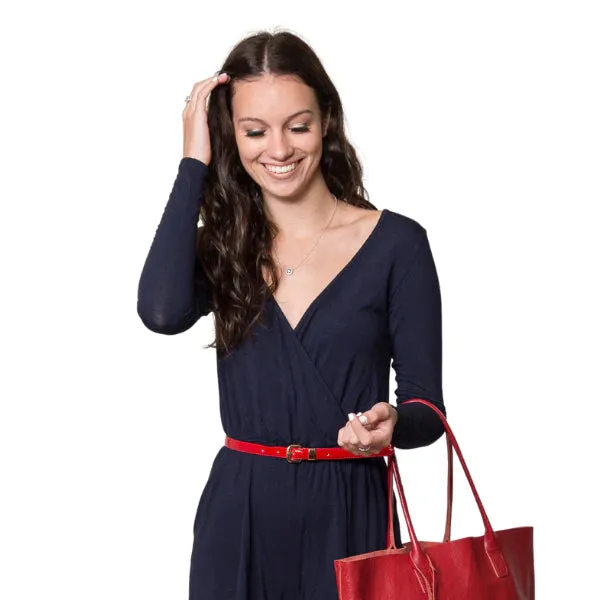 Queens Park |  Tan Brown Patent Leather Skinny Belt with Gold Buckle